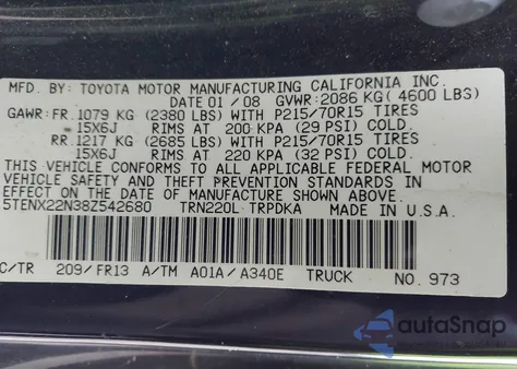 2008 Toyota Tacoma z USA, uszkodzony, nr VIN 5TENX22N38Z542680